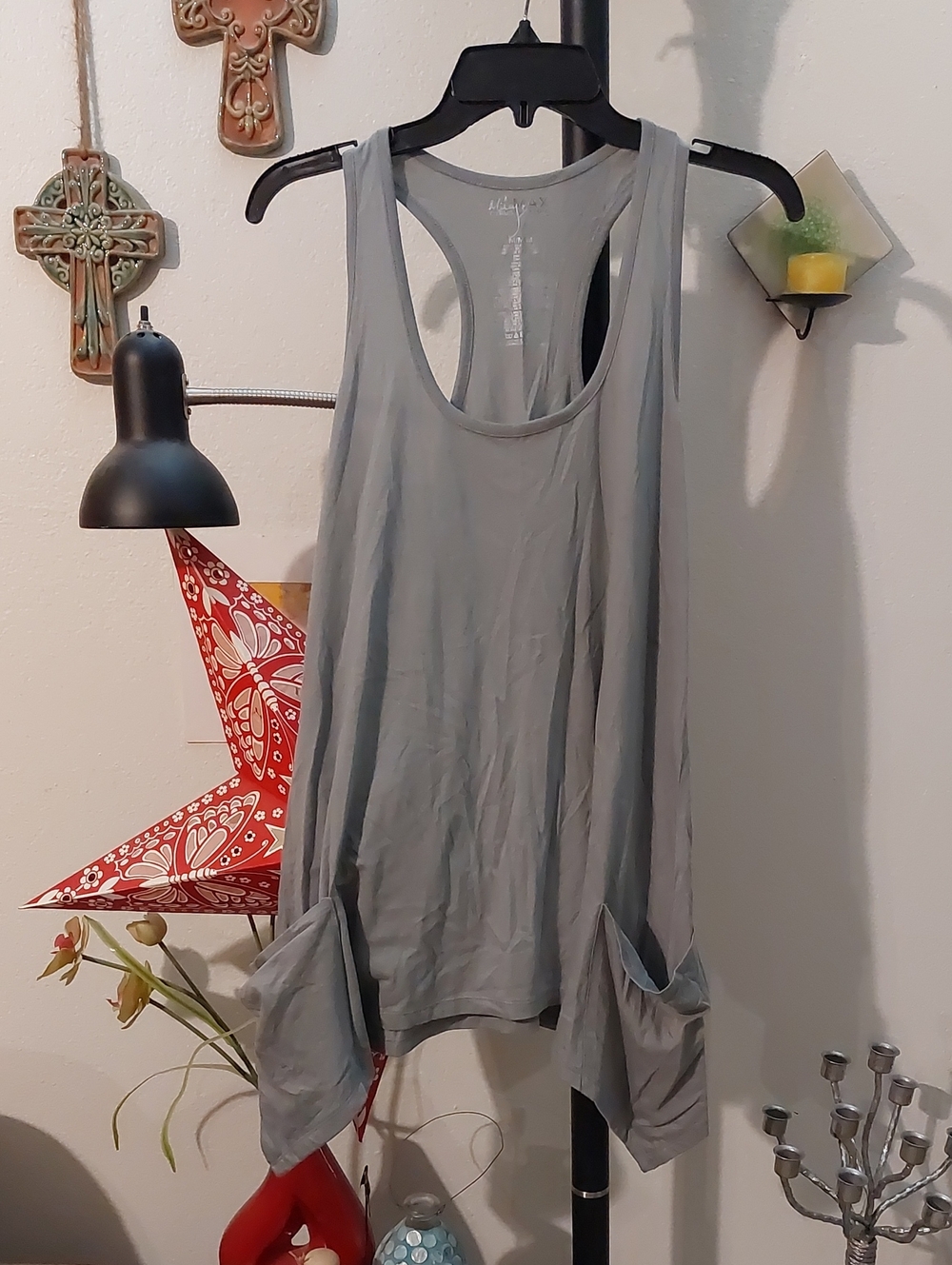 Gray Long Sharkbite Tank Top With Large Pockets